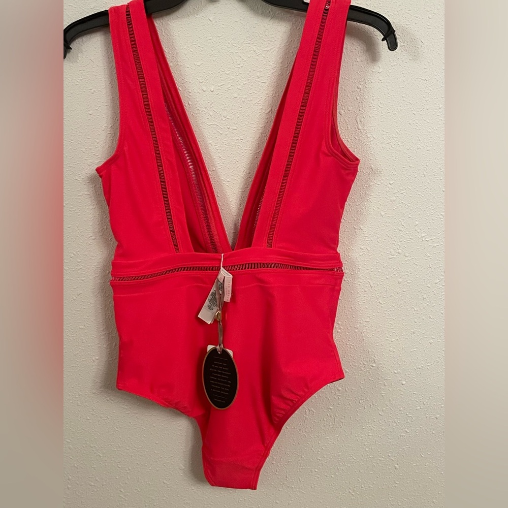 Ted Baker Bright Orange/Pink One Piece Swimsuit V-Neck - Picture 3 of 5